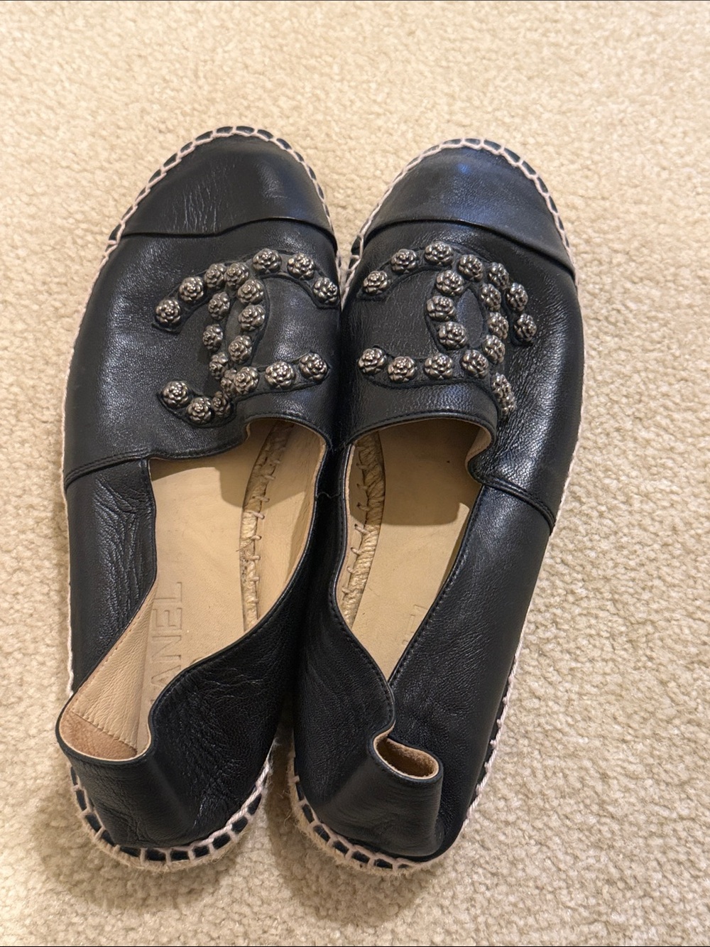 CHANEL Black Leather Espadrilles with Embellished CC Motif